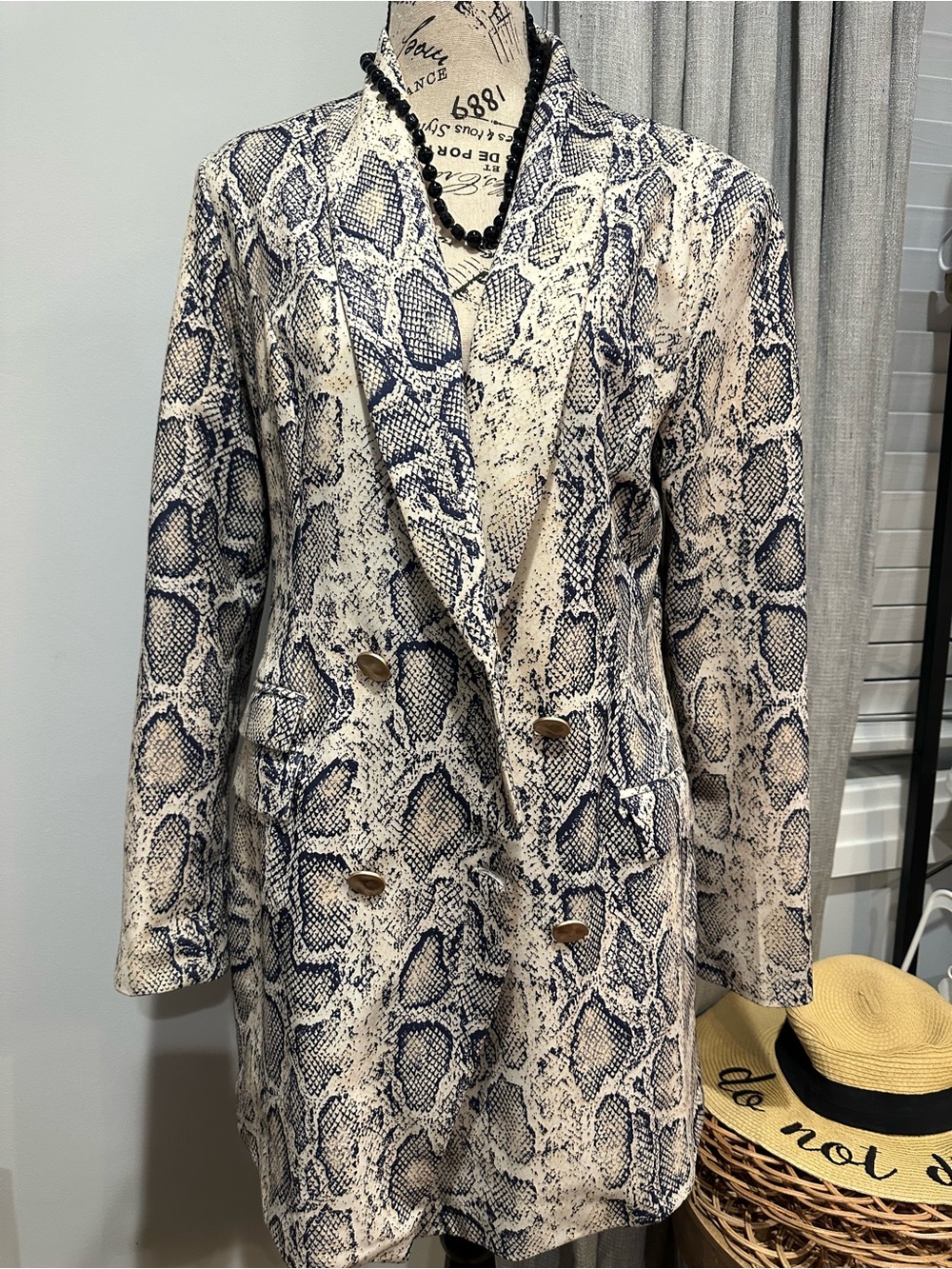 Snake-Print Double-Breasted Blazer Jacket in Cream and Blue